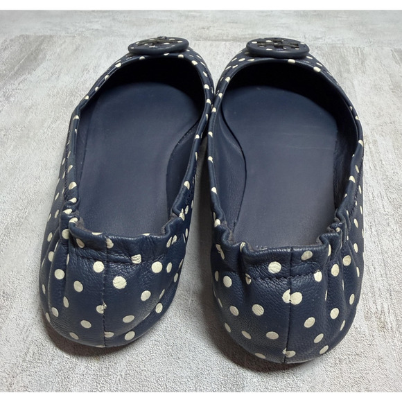 Tory Burch Ballet Flats Womens 7 Navy Polka Dot Leather Logo Round Toe Slip On - Picture 7 of 14